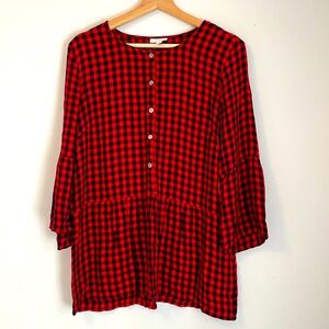 J. Jill Buffalo Plaid Peplum Henley Blouse Flutter Sleeve